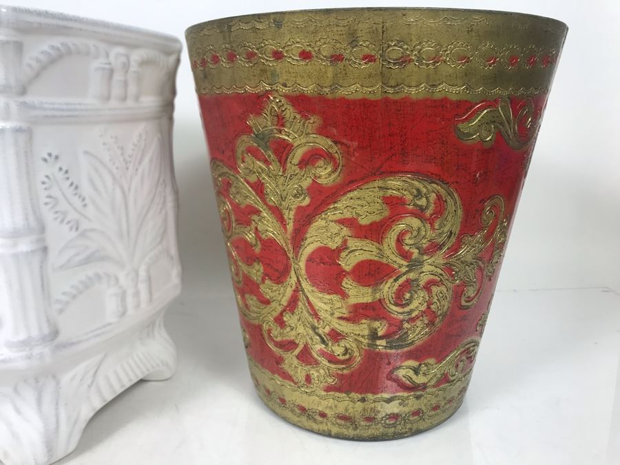 White Italian Footed Shell Bowl, Pair Of Italian Florence Plastic Wastebaskets And White Portugal Gardeners Eden Plant Pot - LJE [Photo 8]