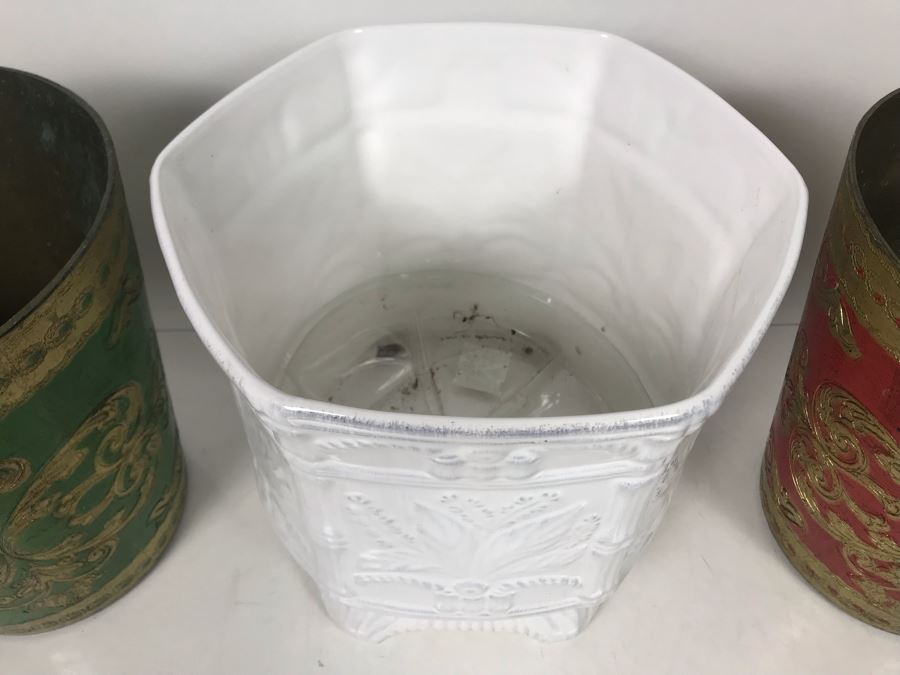 White Italian Footed Shell Bowl, Pair Of Italian Florence Plastic Wastebaskets And White Portugal Gardeners Eden Plant Pot - LJE [Photo 6]