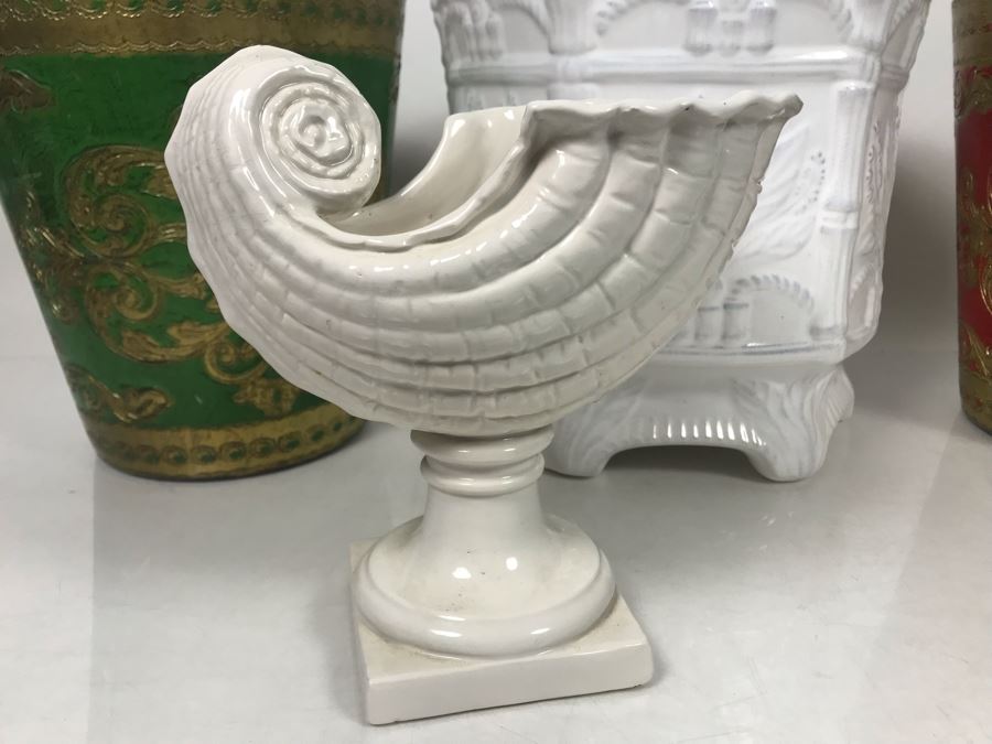 White Italian Footed Shell Bowl, Pair Of Italian Florence Plastic Wastebaskets And White Portugal Gardeners Eden Plant Pot - LJE [Photo 3]