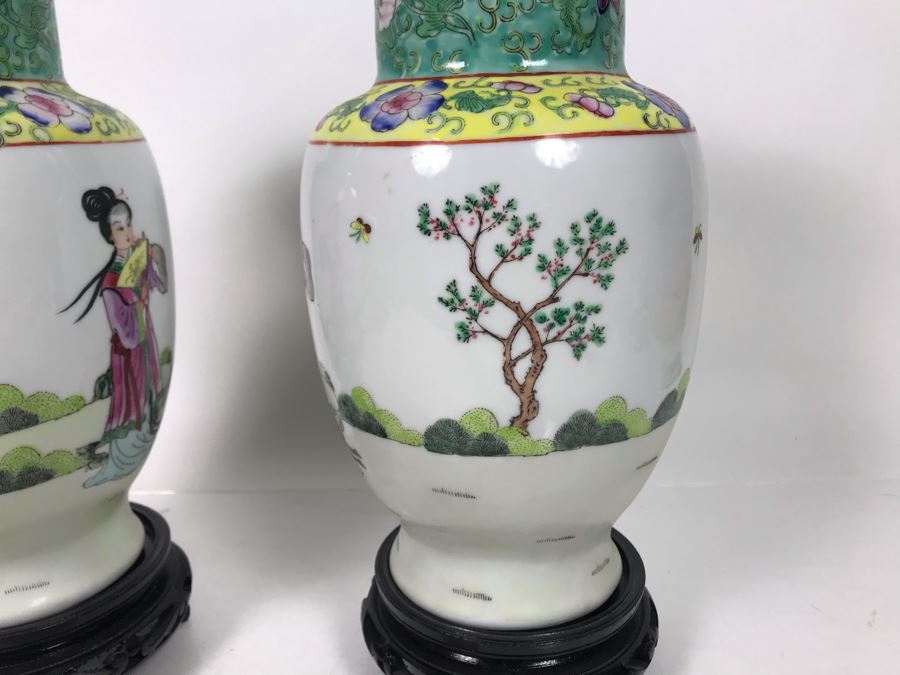 Pair Of A.C.F. Hand Decorated Hong Kong Japanese Porcelain Ware Vases With Wooden Stands 11H - LJE [Photo 7]