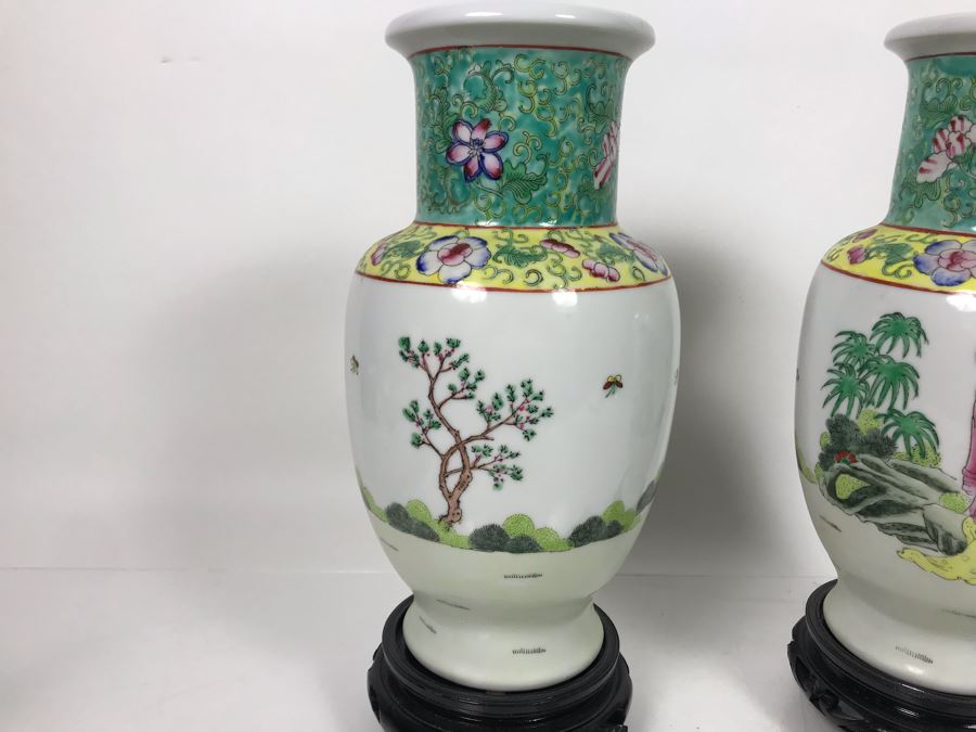 Pair Of A.C.F. Hand Decorated Hong Kong Japanese Porcelain Ware Vases With Wooden Stands 11H - LJE [Photo 13]