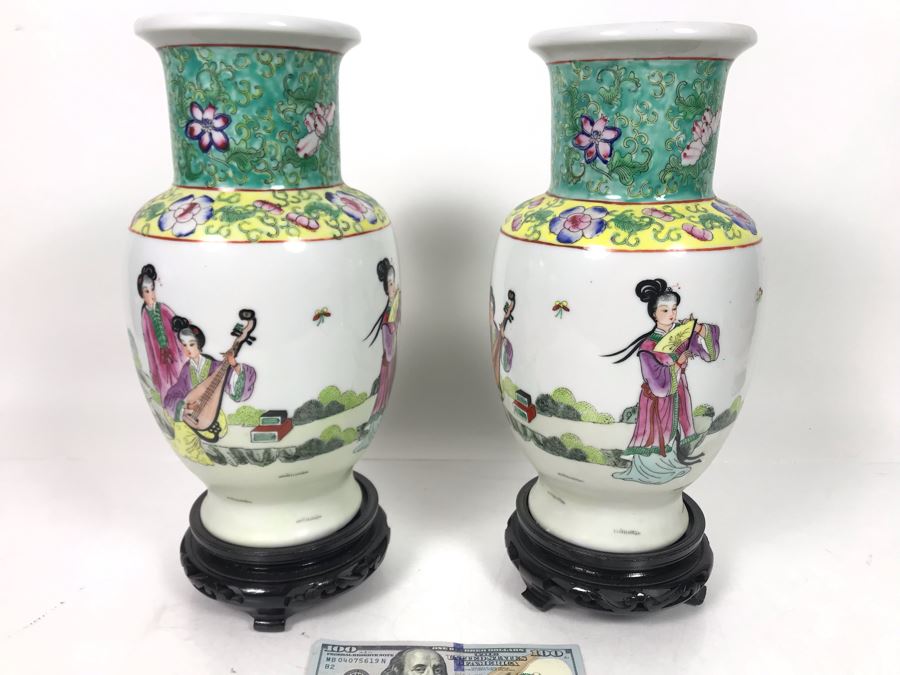 Pair Of A.C.F. Hand Decorated Hong Kong Japanese Porcelain Ware Vases With Wooden Stands 11H - LJE [Photo 1]