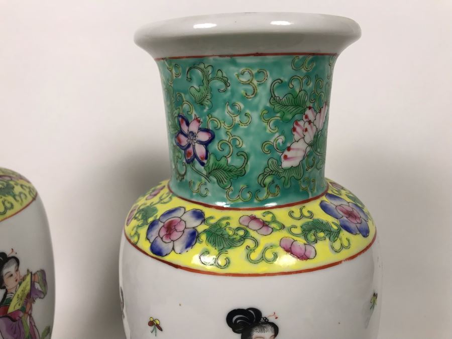 Pair Of A.C.F. Hand Decorated Hong Kong Japanese Porcelain Ware Vases With Wooden Stands 11H - LJE [Photo 6]
