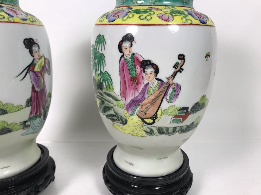Pair Of A.C.F. Hand Decorated Hong Kong Japanese Porcelain Ware Vases With Wooden Stands 11H - LJE [Photo 9]