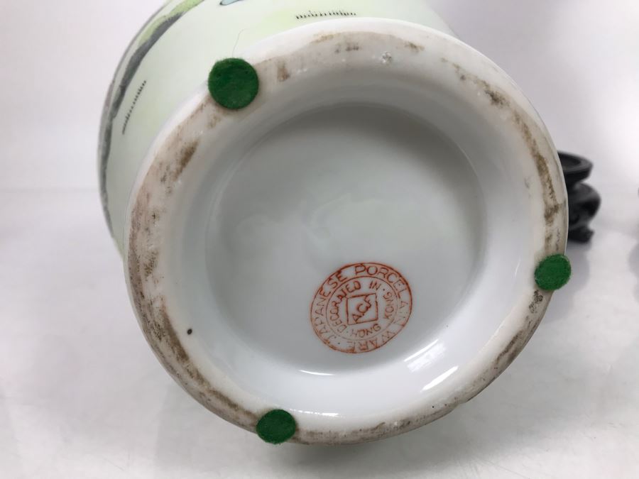 Pair Of A.C.F. Hand Decorated Hong Kong Japanese Porcelain Ware Vases With Wooden Stands 11H - LJE [Photo 17]