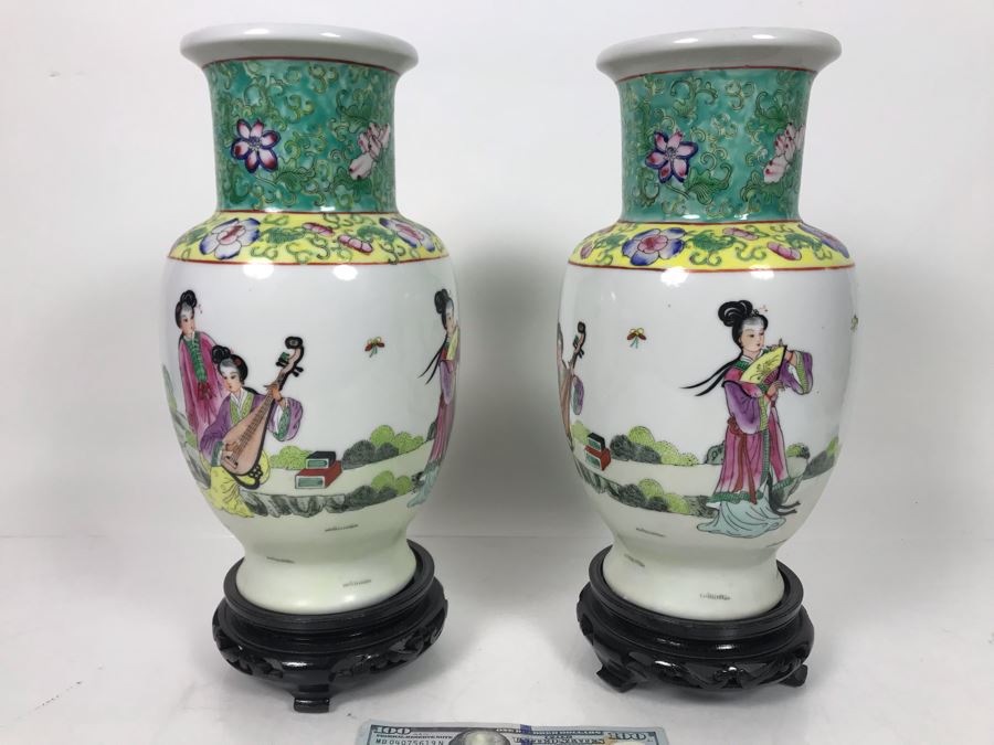 Pair Of A.C.F. Hand Decorated Hong Kong Japanese Porcelain Ware Vases With Wooden Stands 11H - LJE [Photo 3]