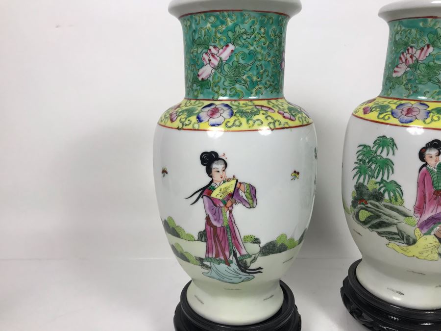 Pair Of A.C.F. Hand Decorated Hong Kong Japanese Porcelain Ware Vases With Wooden Stands 11H - LJE [Photo 12]