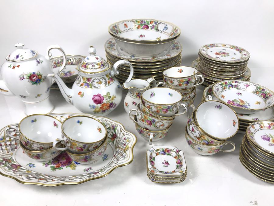 Golden Crown E&R Schumann Germany Empress Dresden Flowers Gold Rim China Set Apx 70 Pieces - LJE [Photo 2]