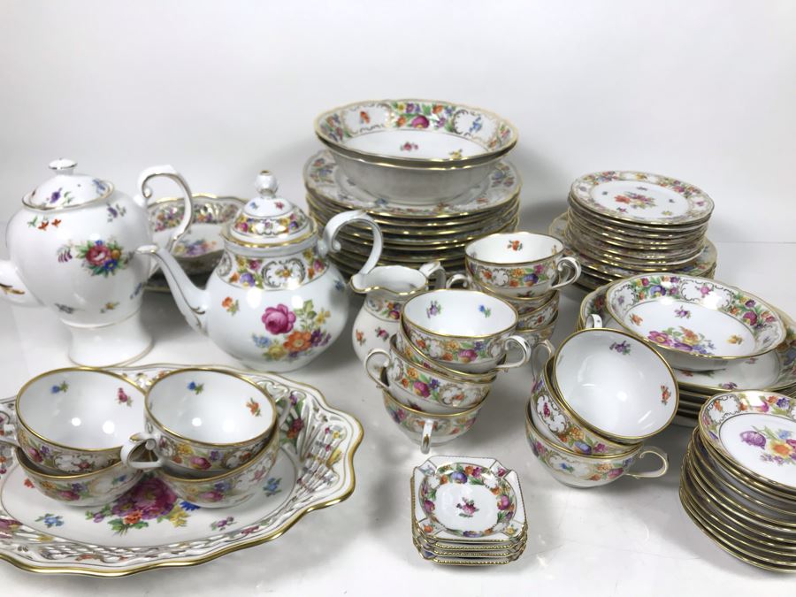 Golden Crown E&R Schumann Germany Empress Dresden Flowers Gold Rim China Set Apx 70 Pieces - LJE [Photo 3]