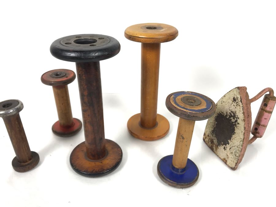 Vintage Wooden Spools And Antique Cast Iron Pink Iron [Photo 1]