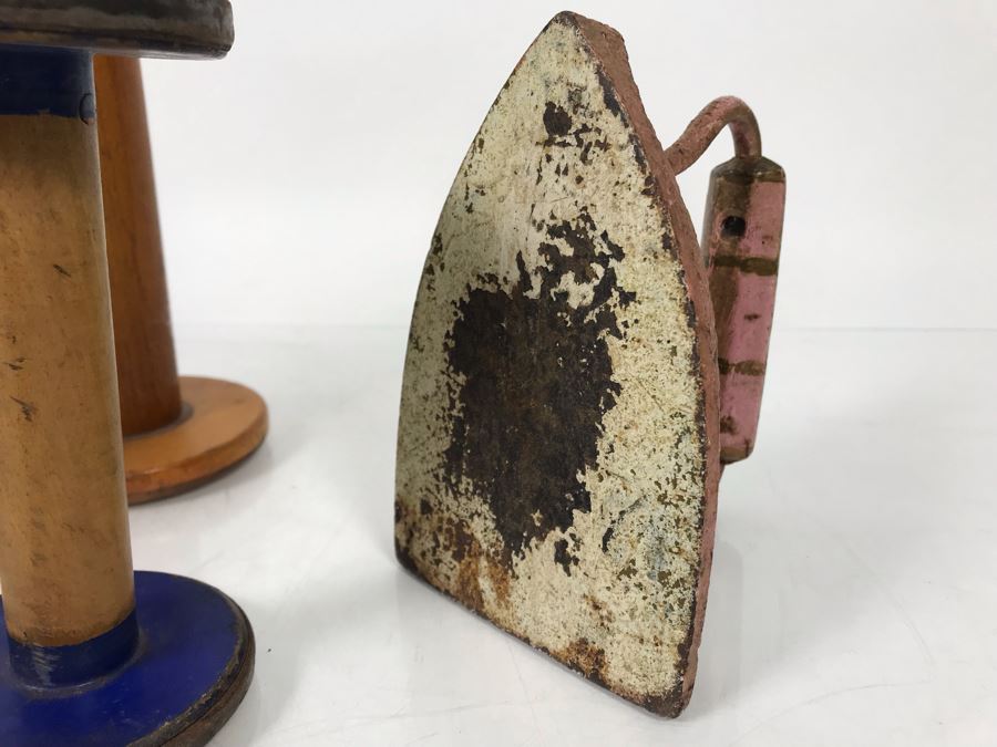 Vintage Wooden Spools And Antique Cast Iron Pink Iron [Photo 3]