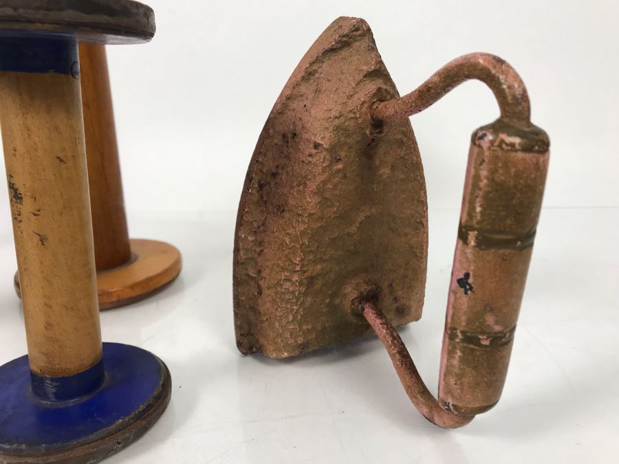 Vintage Wooden Spools And Antique Cast Iron Pink Iron [Photo 4]