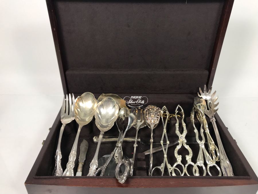 Collection Of Various Silverplate Serving Pieces With Wooden Silverware Storage Box [Photo 2]