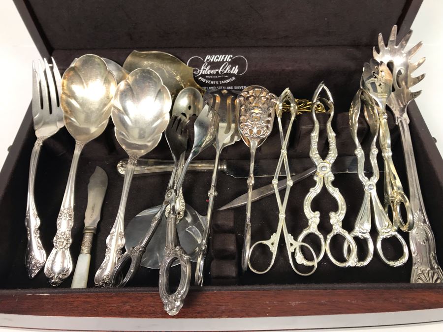 Collection Of Various Silverplate Serving Pieces With Wooden Silverware Storage Box [Photo 1]