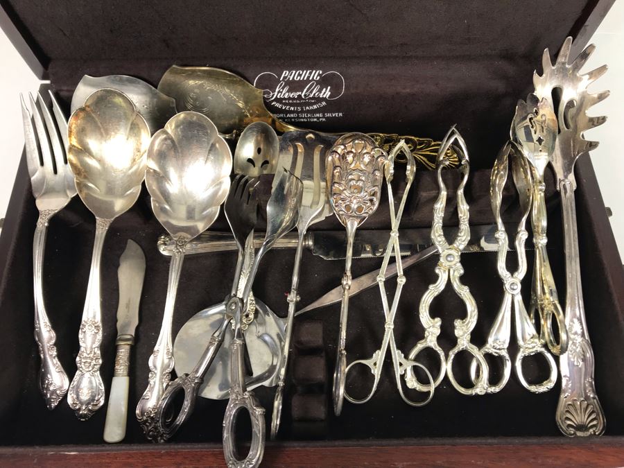 Collection Of Various Silverplate Serving Pieces With Wooden Silverware Storage Box [Photo 3]