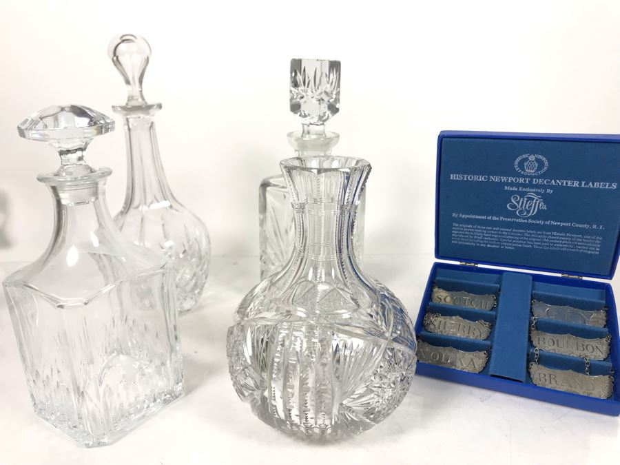 (4) Crystal Decanters With Historic Newport Decanter Labels By Stieff Co - LJE
