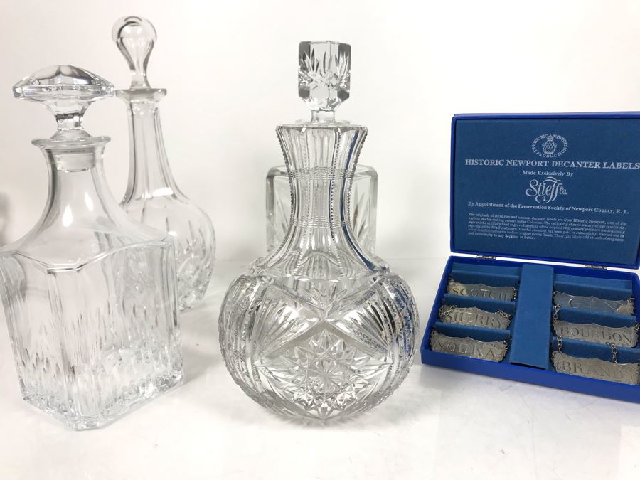 (4) Crystal Decanters With Historic Newport Decanter Labels By Stieff