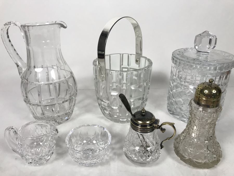 Various Crystal Pieces Including Modern Pitcher And Chrome Handled Ice Bucket, Sugar Dispenser And Waterford Creamer And Sugar - LJE