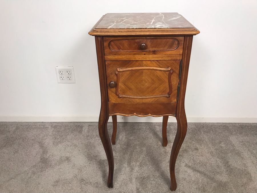 Vintage Pot Cupboard Cabinet Table With Marble Top And Drawer 16 X 16 X 33H - LJE [Photo 2]