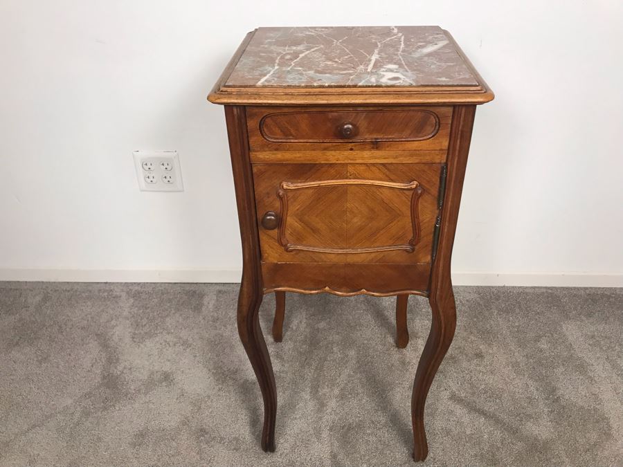 Vintage Pot Cupboard Cabinet Table With Marble Top And Drawer 16 X 16 X 33H - LJE [Photo 3]