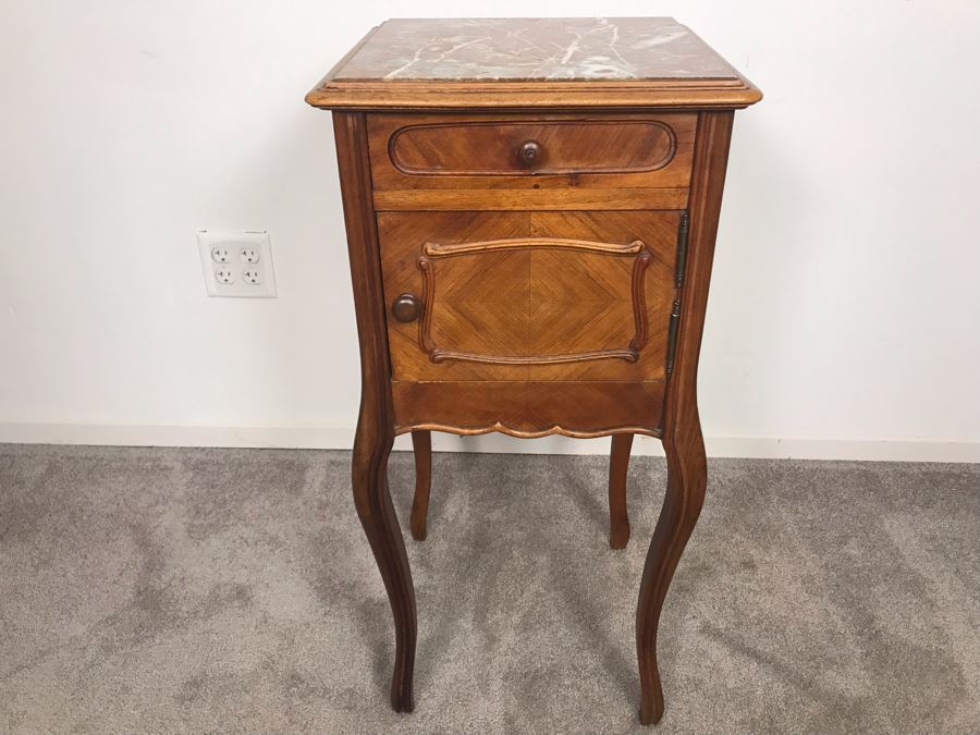 Vintage Pot Cupboard Cabinet Table With Marble Top And Drawer 16 X 16 X 33H - LJE
