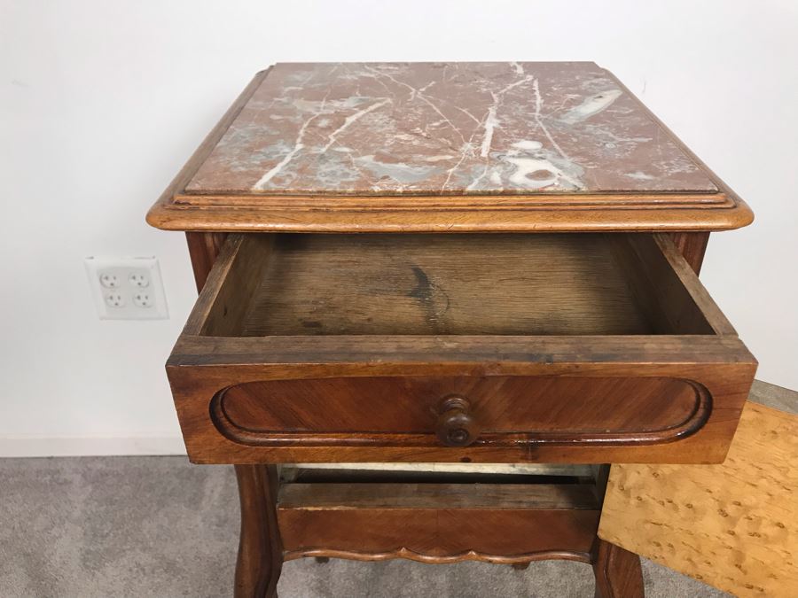 Vintage Pot Cupboard Cabinet Table With Marble Top And Drawer 16 X 16 X 33H - LJE [Photo 7]