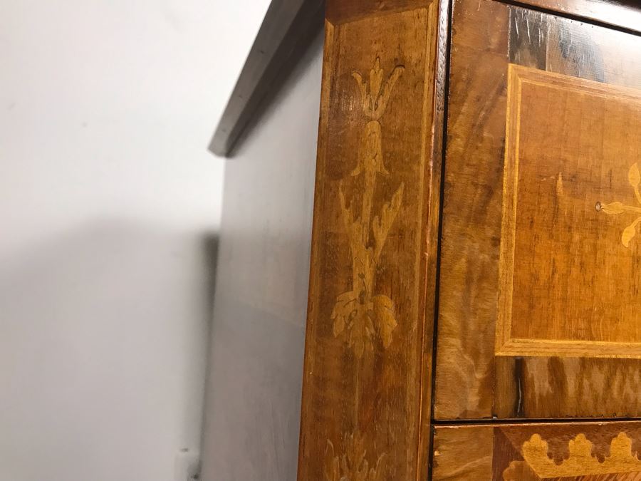 Gorgeous Antique Art Nouveau European Chest Of Drawers Dresser With Detailed Inlaid Woodwork On Front, Top And Sides Including Eagle On Top - Comes With Glass Top - See Photos 49W X 20D X 34.5H - LJE [Photo 19]