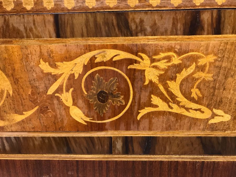 Gorgeous Antique Art Nouveau European Chest Of Drawers Dresser With Detailed Inlaid Woodwork On Front, Top And Sides Including Eagle On Top - Comes With Glass Top - See Photos 49W X 20D X 34.5H - LJE [Photo 16]