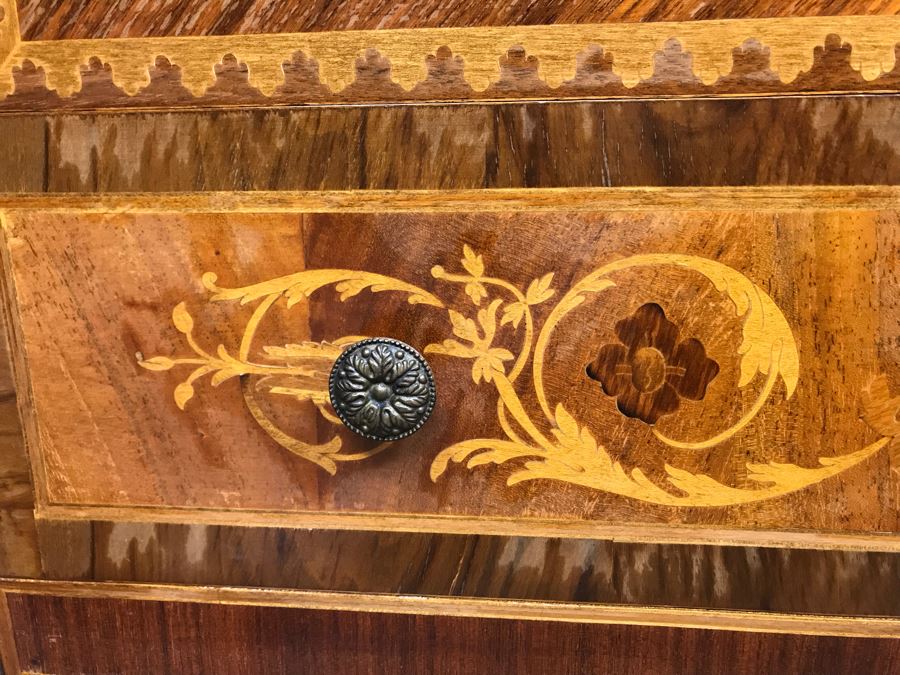 Gorgeous Antique Art Nouveau European Chest Of Drawers Dresser With Detailed Inlaid Woodwork On Front, Top And Sides Including Eagle On Top - Comes With Glass Top - See Photos 49W X 20D X 34.5H - LJE [Photo 15]