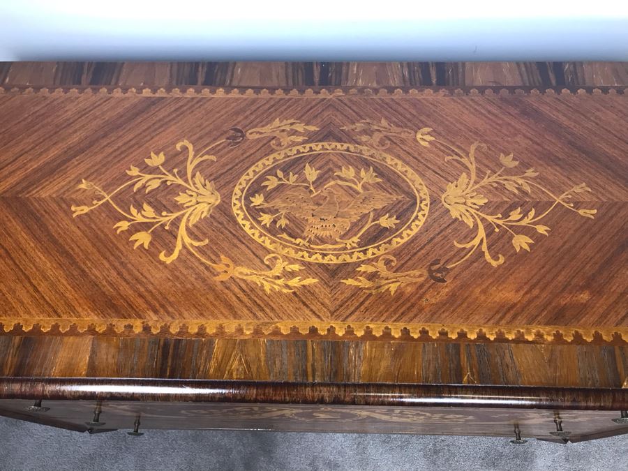 Gorgeous Antique Art Nouveau European Chest Of Drawers Dresser With Detailed Inlaid Woodwork On Front, Top And Sides Including Eagle On Top - Comes With Glass Top - See Photos 49W X 20D X 34.5H - LJE [Photo 5]