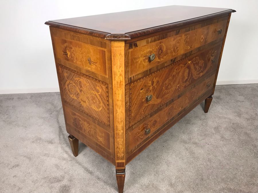 Gorgeous Antique Art Nouveau European Chest Of Drawers Dresser With Detailed Inlaid Woodwork On Front, Top And Sides Including Eagle On Top - Comes With Glass Top - See Photos 49W X 20D X 34.5H - LJE [Photo 21]