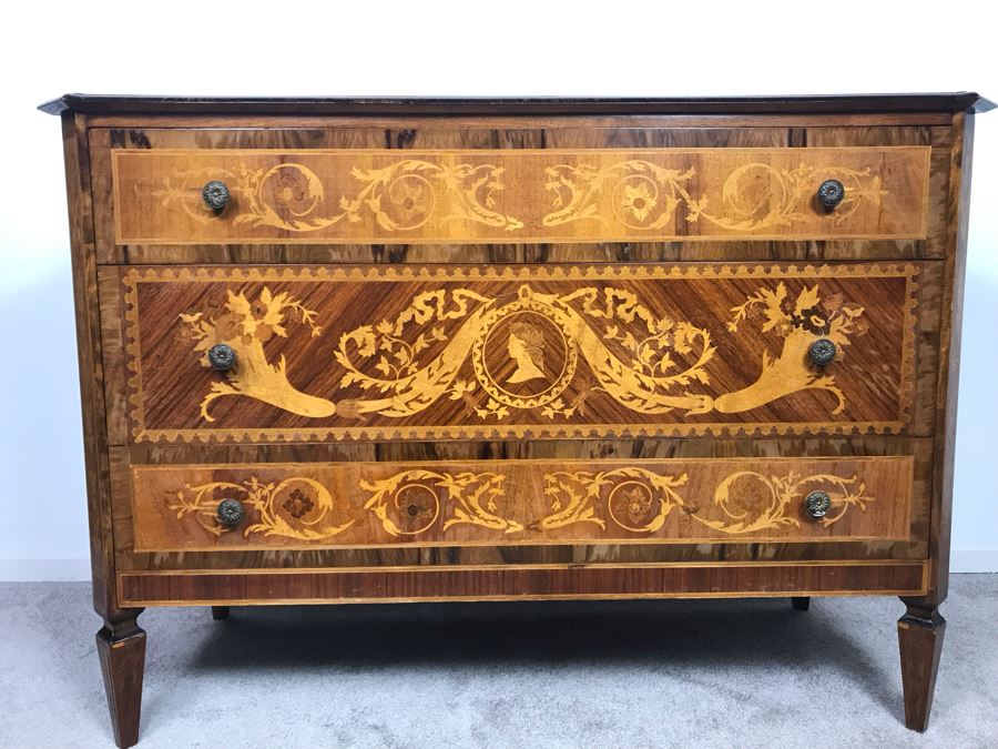 Gorgeous Antique Art Nouveau European Chest Of Drawers Dresser With Detailed Inlaid Woodwork On Front, Top And Sides Including Eagle On Top - Comes With Glass Top - See Photos 49W X 20D X 34.5H - LJE [Photo 3]
