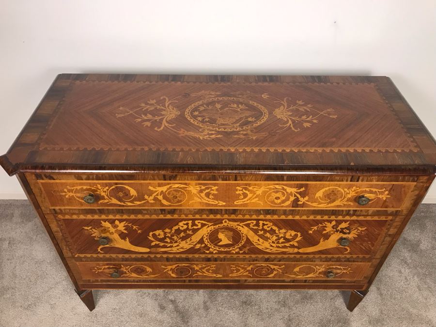 Gorgeous Antique Art Nouveau European Chest Of Drawers Dresser With Detailed Inlaid Woodwork On Front, Top And Sides Including Eagle On Top - Comes With Glass Top - See Photos 49W X 20D X 34.5H - LJE [Photo 4]