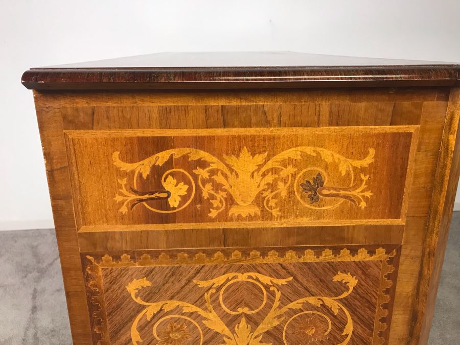 Gorgeous Antique Art Nouveau European Chest Of Drawers Dresser With Detailed Inlaid Woodwork On Front, Top And Sides Including Eagle On Top - Comes With Glass Top - See Photos 49W X 20D X 34.5H - LJE [Photo 23]