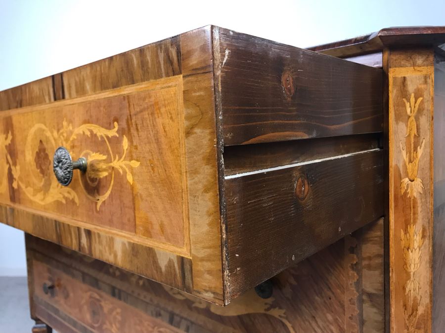 Gorgeous Antique Art Nouveau European Chest Of Drawers Dresser With Detailed Inlaid Woodwork On Front, Top And Sides Including Eagle On Top - Comes With Glass Top - See Photos 49W X 20D X 34.5H - LJE [Photo 27]