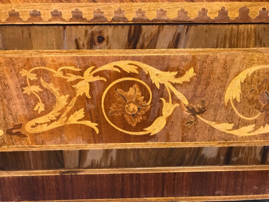 Gorgeous Antique Art Nouveau European Chest Of Drawers Dresser With Detailed Inlaid Woodwork On Front, Top And Sides Including Eagle On Top - Comes With Glass Top - See Photos 49W X 20D X 34.5H - LJE [Photo 17]