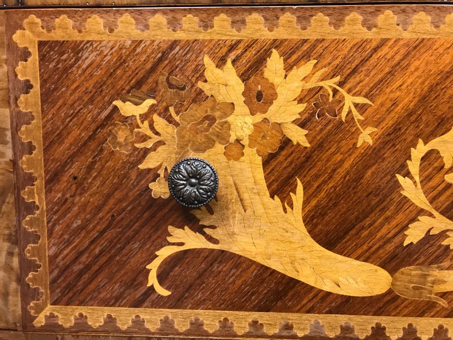 Gorgeous Antique Art Nouveau European Chest Of Drawers Dresser With Detailed Inlaid Woodwork On Front, Top And Sides Including Eagle On Top - Comes With Glass Top - See Photos 49W X 20D X 34.5H - LJE [Photo 12]