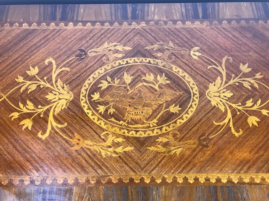 Gorgeous Antique Art Nouveau European Chest Of Drawers Dresser With Detailed Inlaid Woodwork On Front, Top And Sides Including Eagle On Top - Comes With Glass Top - See Photos 49W X 20D X 34.5H - LJE [Photo 7]