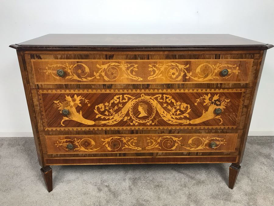 Gorgeous Antique Art Nouveau European Chest Of Drawers Dresser With Detailed Inlaid Woodwork On Front, Top And Sides Including Eagle On Top - Comes With Glass Top - See Photos 49W X 20D X 34.5H - LJE