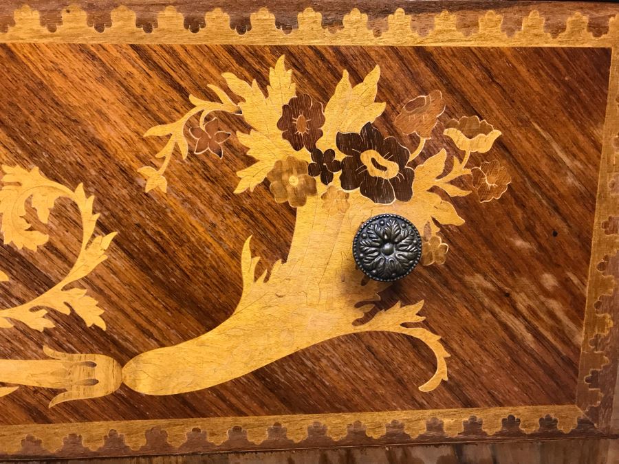 Gorgeous Antique Art Nouveau European Chest Of Drawers Dresser With Detailed Inlaid Woodwork On Front, Top And Sides Including Eagle On Top - Comes With Glass Top - See Photos 49W X 20D X 34.5H - LJE [Photo 14]