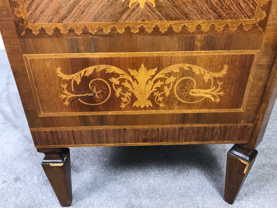 Gorgeous Antique Art Nouveau European Chest Of Drawers Dresser With Detailed Inlaid Woodwork On Front, Top And Sides Including Eagle On Top - Comes With Glass Top - See Photos 49W X 20D X 34.5H - LJE [Photo 25]