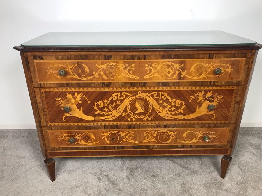 Gorgeous Antique Art Nouveau European Chest Of Drawers Dresser With Detailed Inlaid Woodwork On Front, Top And Sides Including Eagle On Top - Comes With Glass Top - See Photos 49W X 20D X 34.5H - LJE [Photo 34]