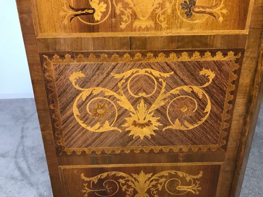 Gorgeous Antique Art Nouveau European Chest Of Drawers Dresser With Detailed Inlaid Woodwork On Front, Top And Sides Including Eagle On Top - Comes With Glass Top - See Photos 49W X 20D X 34.5H - LJE [Photo 24]
