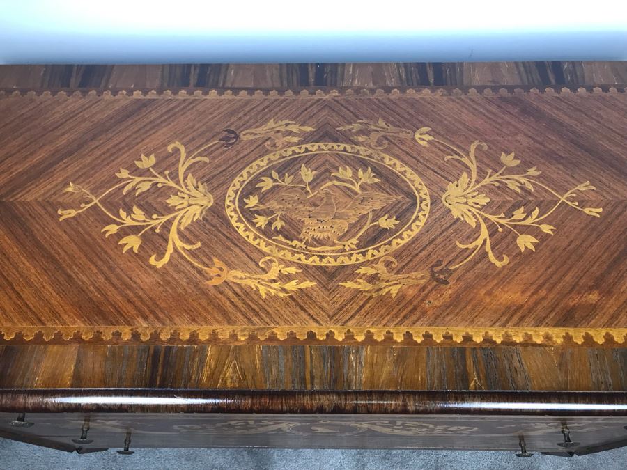 Gorgeous Antique Art Nouveau European Chest Of Drawers Dresser With Detailed Inlaid Woodwork On Front, Top And Sides Including Eagle On Top - Comes With Glass Top - See Photos 49W X 20D X 34.5H - LJE [Photo 6]