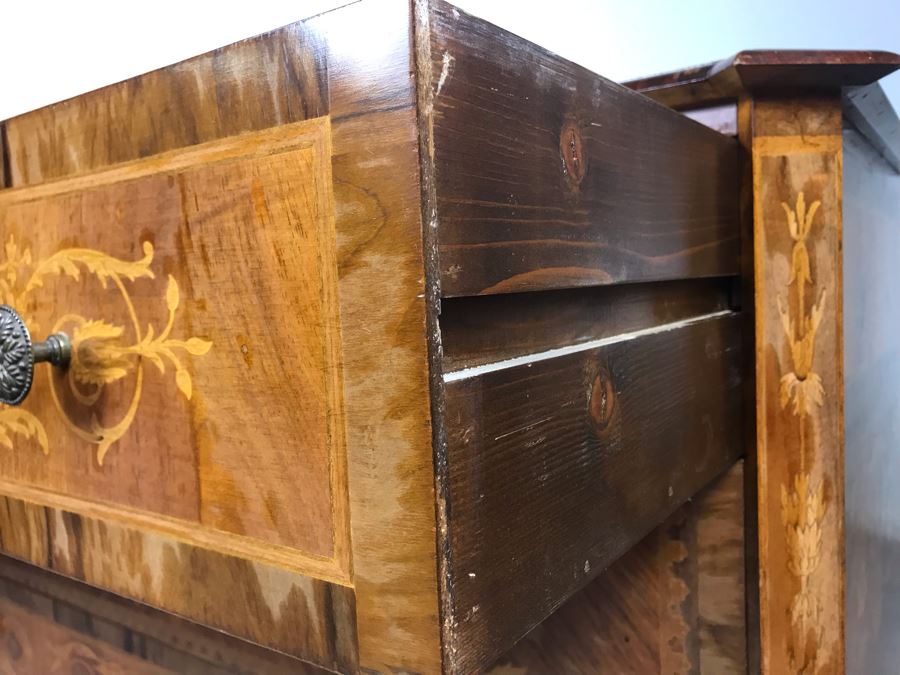 Gorgeous Antique Art Nouveau European Chest Of Drawers Dresser With Detailed Inlaid Woodwork On Front, Top And Sides Including Eagle On Top - Comes With Glass Top - See Photos 49W X 20D X 34.5H - LJE [Photo 28]