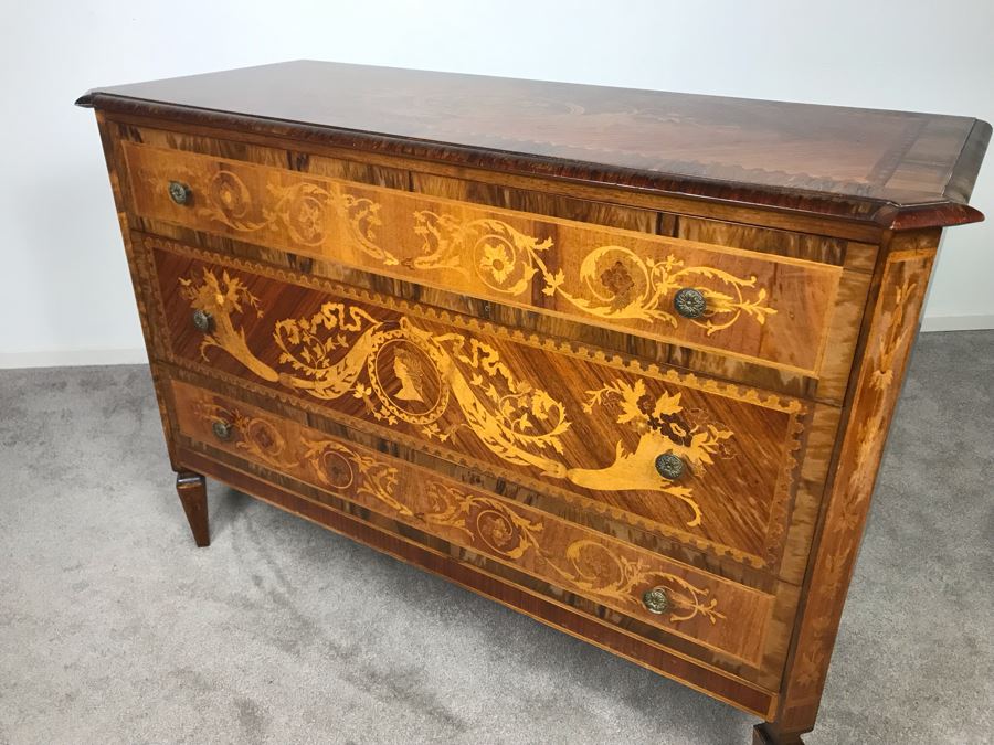 Gorgeous Antique Art Nouveau European Chest Of Drawers Dresser With Detailed Inlaid Woodwork On Front, Top And Sides Including Eagle On Top - Comes With Glass Top - See Photos 49W X 20D X 34.5H - LJE [Photo 33]