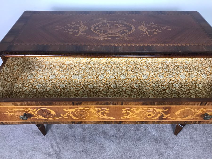 Gorgeous Antique Art Nouveau European Chest Of Drawers Dresser With Detailed Inlaid Woodwork On Front, Top And Sides Including Eagle On Top - Comes With Glass Top - See Photos 49W X 20D X 34.5H - LJE [Photo 26]