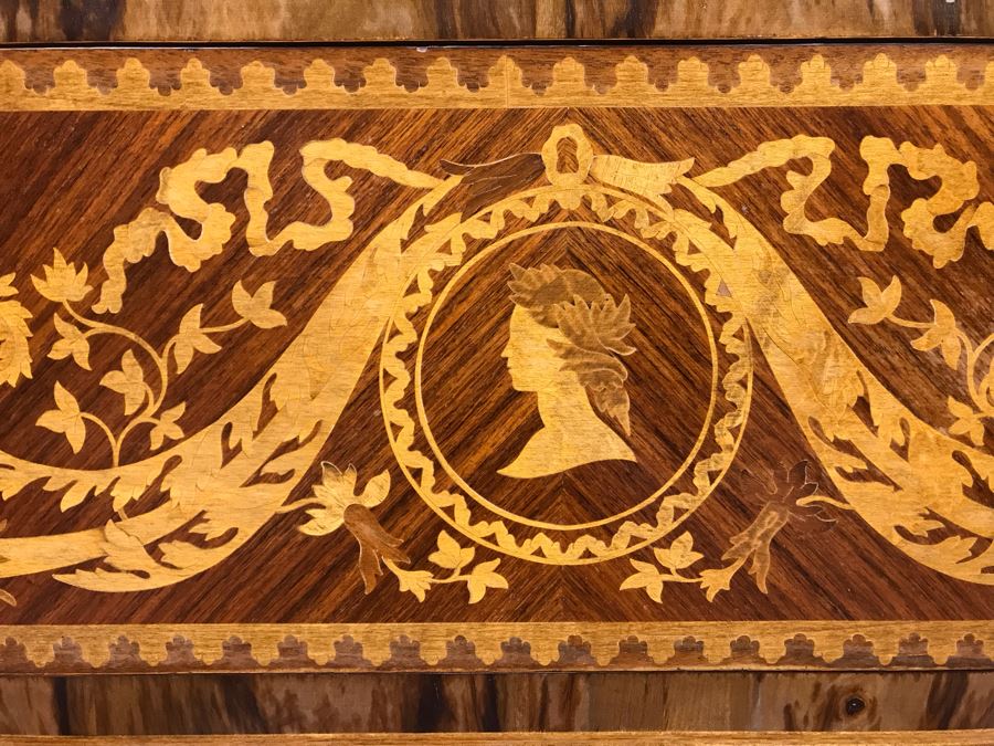 Gorgeous Antique Art Nouveau European Chest Of Drawers Dresser With Detailed Inlaid Woodwork On Front, Top And Sides Including Eagle On Top - Comes With Glass Top - See Photos 49W X 20D X 34.5H - LJE [Photo 11]