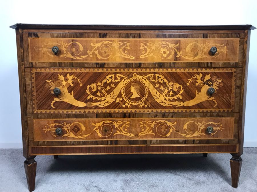 Gorgeous Antique Art Nouveau European Chest Of Drawers Dresser With Detailed Inlaid Woodwork On Front, Top And Sides Including Eagle On Top - Comes With Glass Top - See Photos 49W X 20D X 34.5H - LJE [Photo 2]