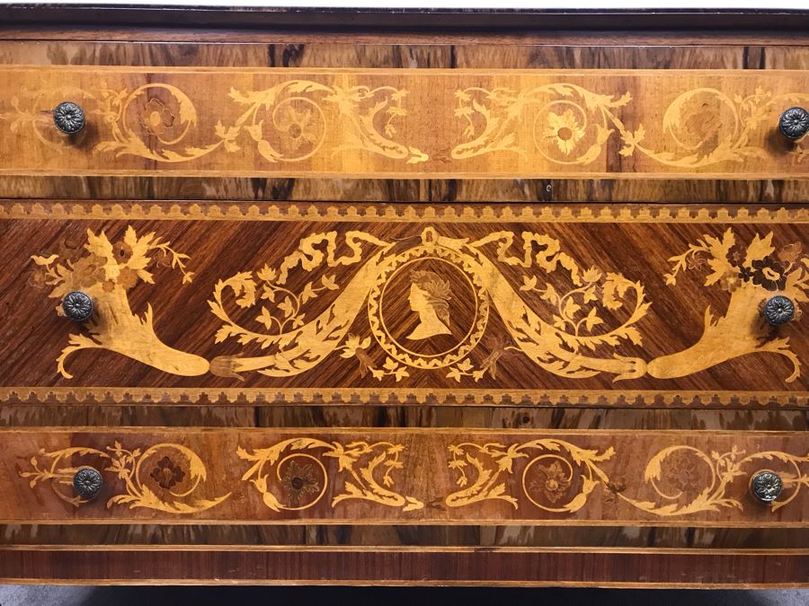 Gorgeous Antique Art Nouveau European Chest Of Drawers Dresser With Detailed Inlaid Woodwork On Front, Top And Sides Including Eagle On Top - Comes With Glass Top - See Photos 49W X 20D X 34.5H - LJE [Photo 10]